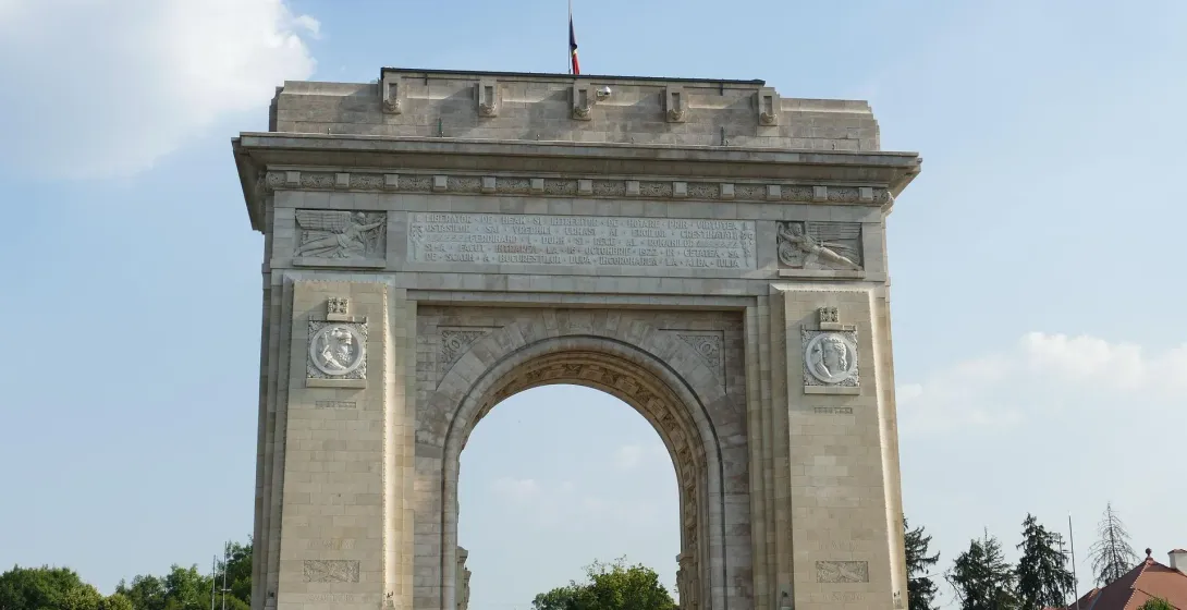 The majestic Triumphal Arch in Bucharest, Romania.