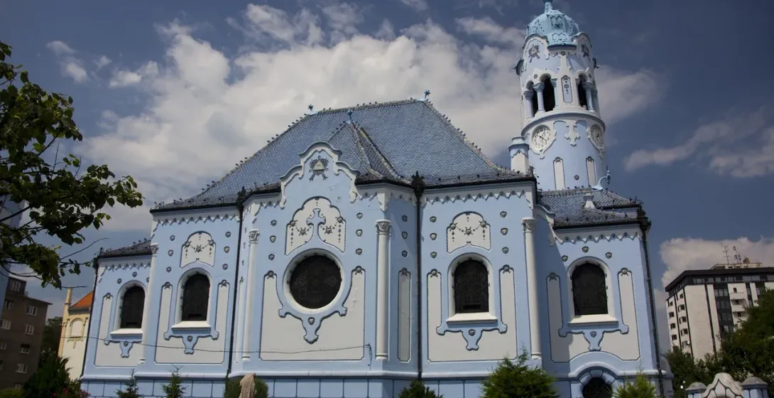 The iconic Blue Church in Bratislava, Slovakia, a stunning example of Art Nouveau architecture.