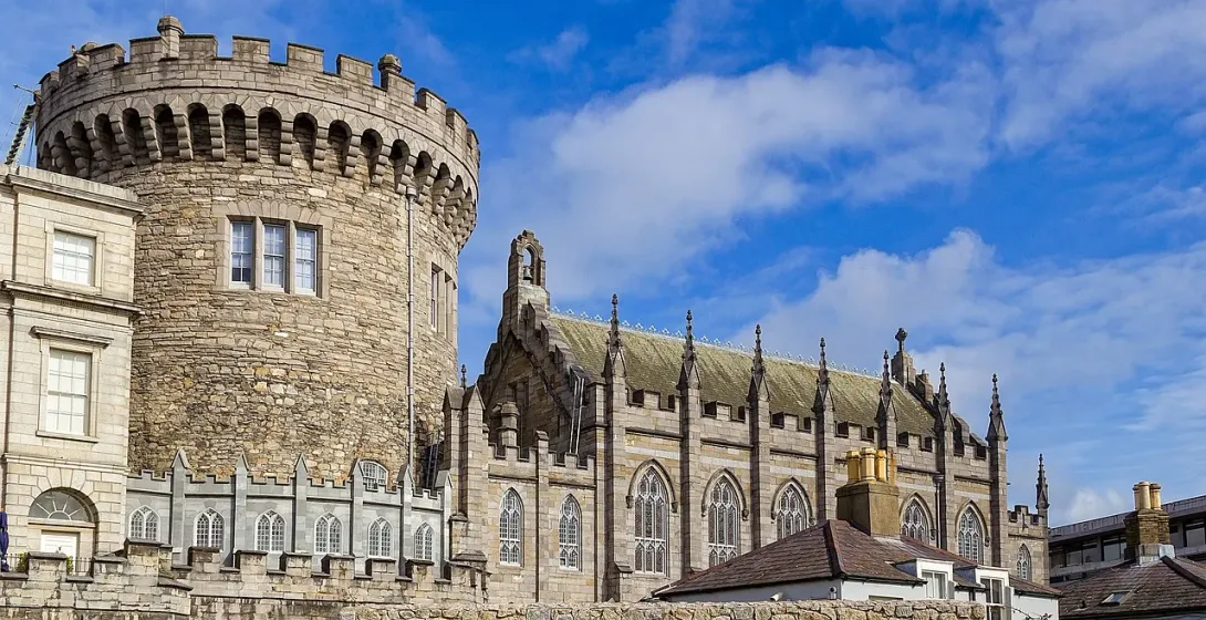 Dublin Castle's Round Tower and Chapel Royal on a sunny day.