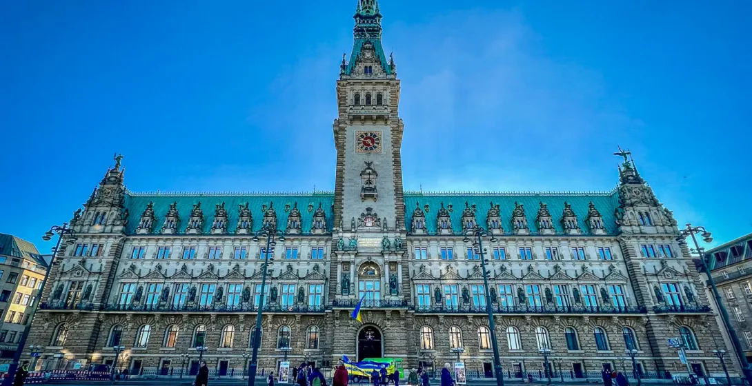 Hamburg City Hall, a stunning architectural landmark, on a sunny day.