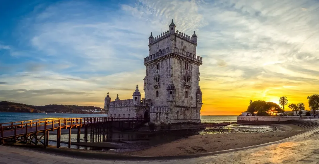 Belém Tower in Lisbon at sunset.
