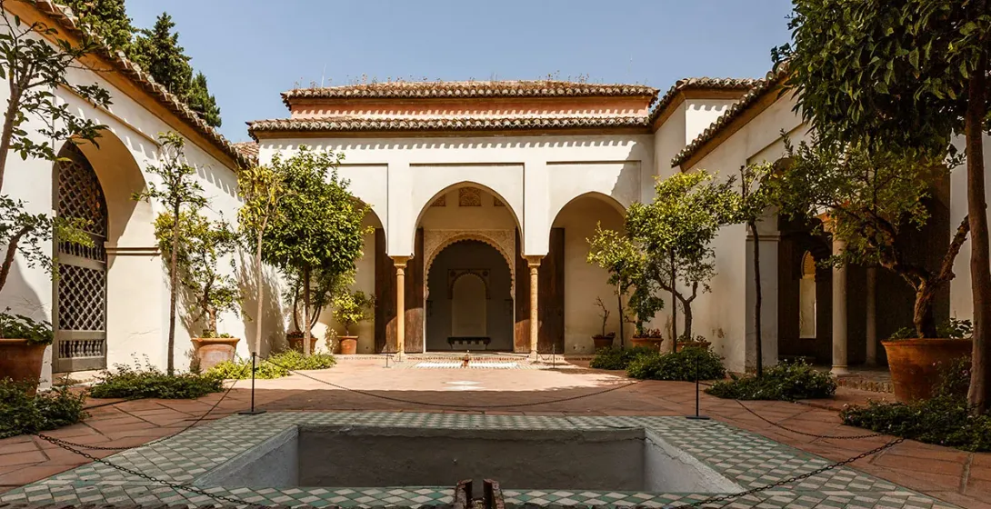 Peaceful courtyard at the Alcazaba in Malaga, Spain.