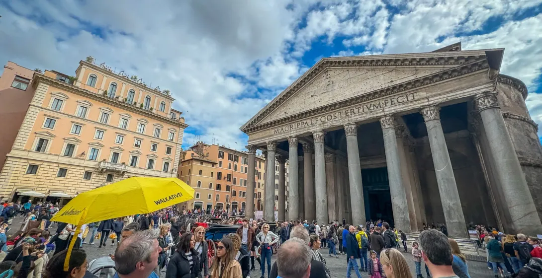 Tourists on a Walkative! tour admire the Pantheon in Rome.