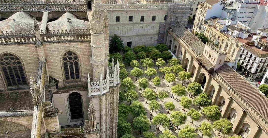 Aerial view of Seville Cathedral's Patio de los Naranjos, a beautiful orange tree courtyard.