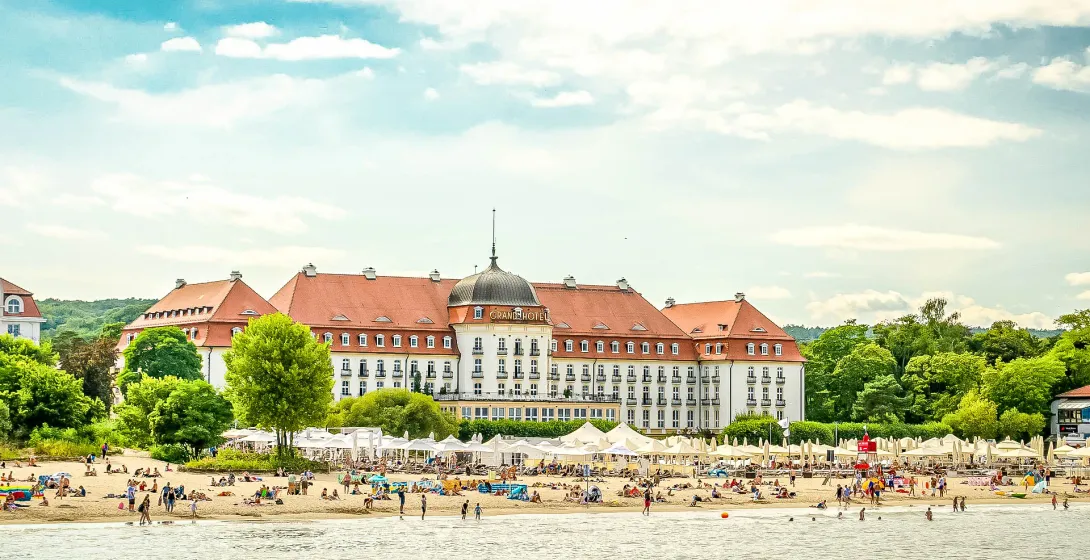 Grand Hotel Sopot on a sunny beach in Poland.