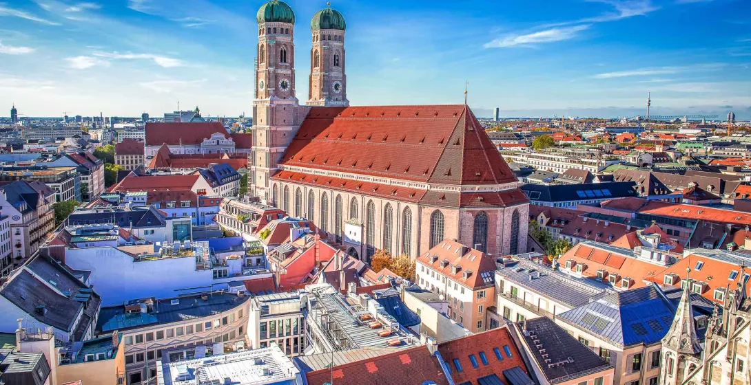 Aerial view of Munich featuring the Frauenkirche.