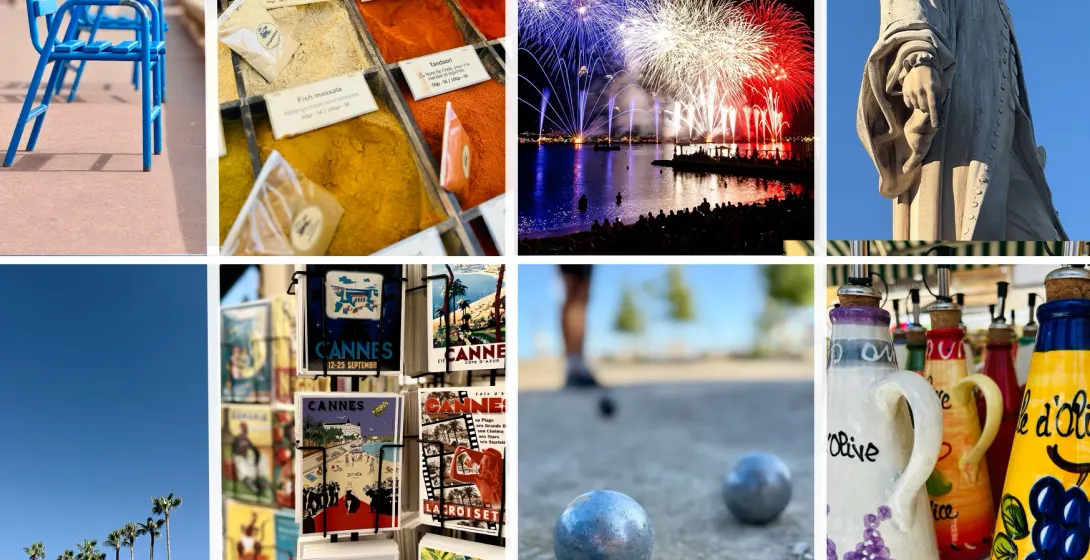 Collage of Cannes scenes: blue chairs, spices, fireworks, statue, palm trees, postcards, pétanque, and olive oil bottles.