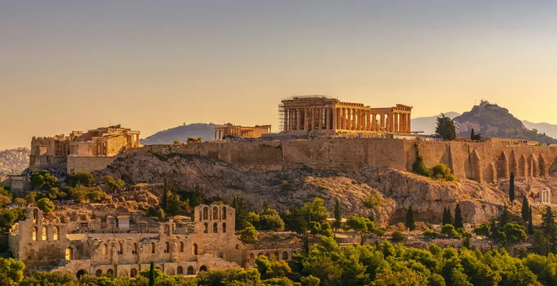 Sunset view of the Acropolis in Athens, Greece.
