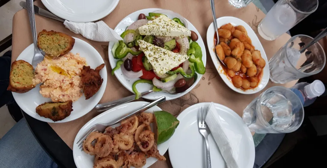Delicious Greek food on a table in Athens.