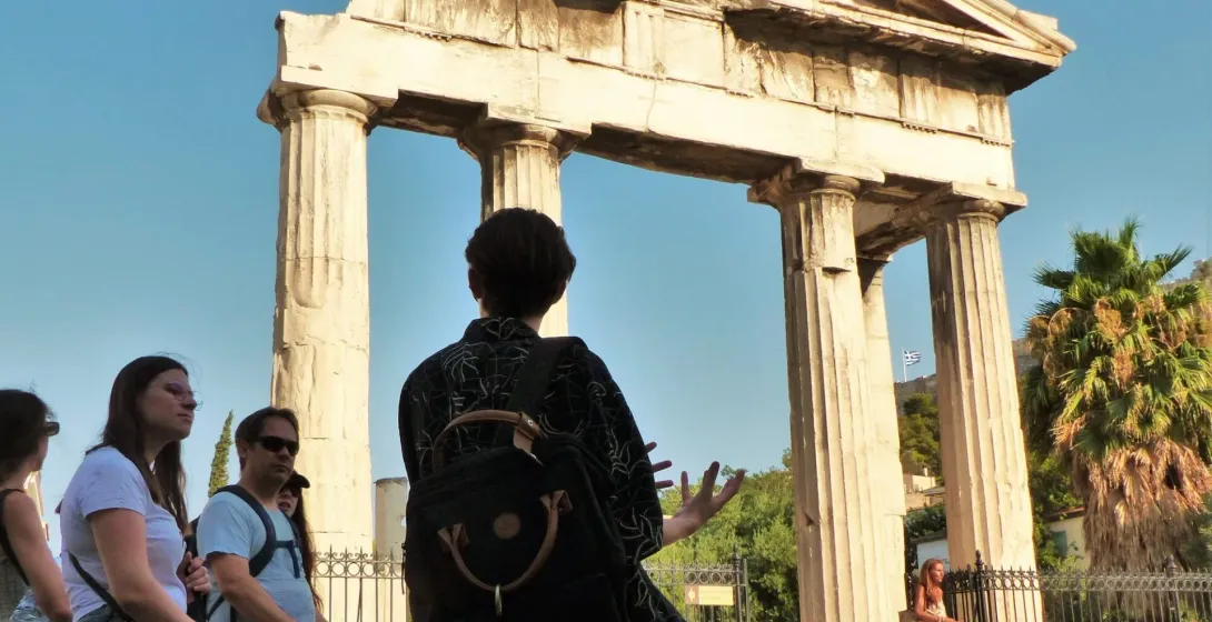 Guided tour at the Roman agora in Athens, Greece.