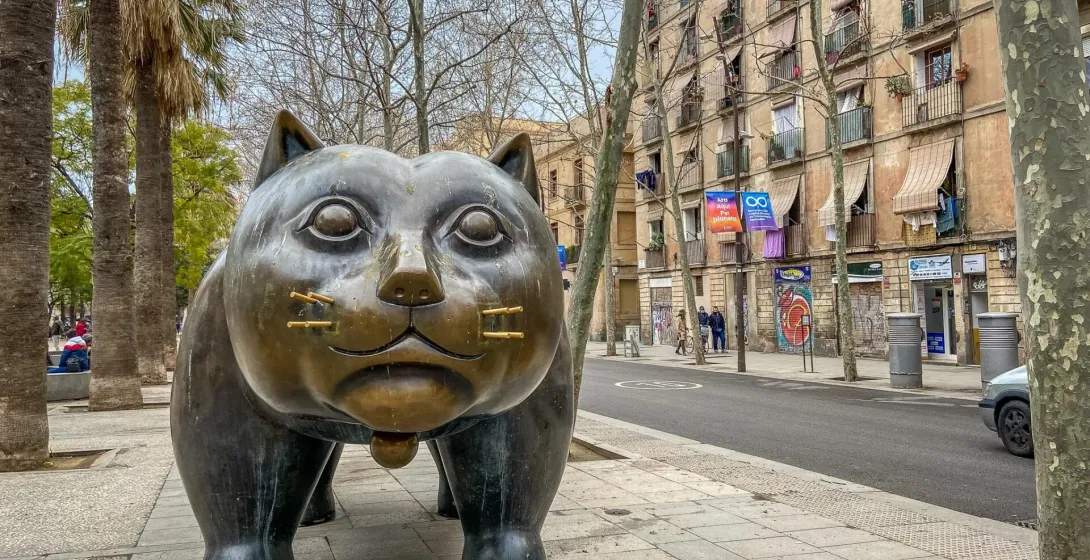 Bronze cat sculpture in El Raval, Barcelona.