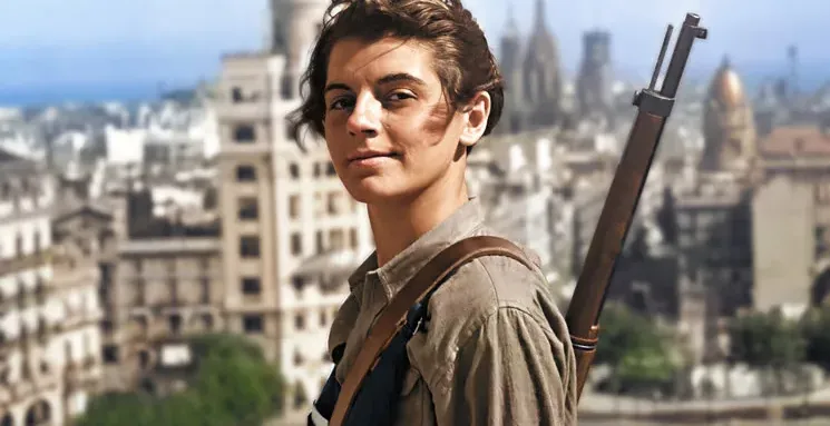 A woman in historical attire stands against the backdrop of Barcelona's cityscape.