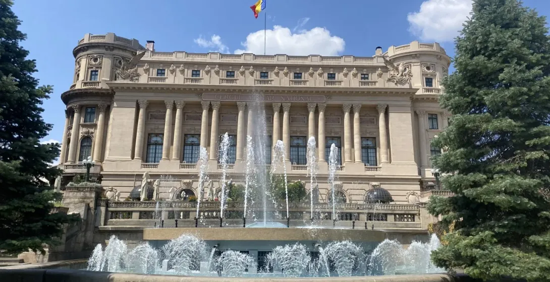 The majestic Cercul Militar National in Bucharest, Romania, with its beautiful fountain.