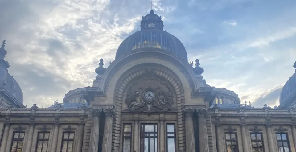 The impressive Palace of the CEC in Bucharest, Romania.