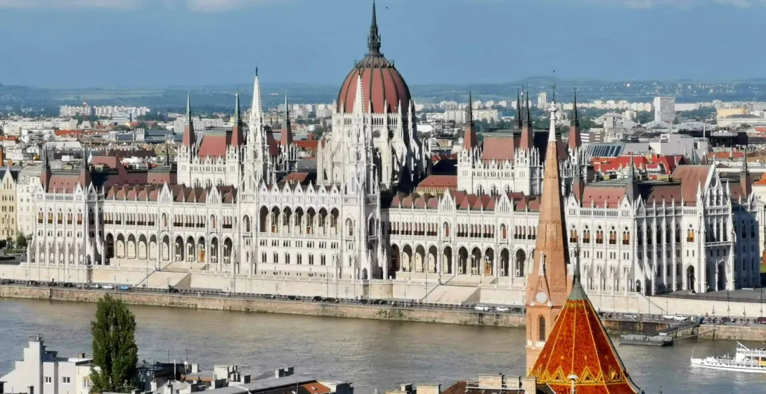 Panoramic view of the Hungarian Parliament Building in Budapest.