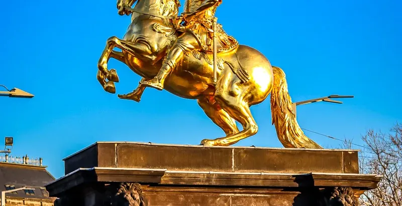 Golden equestrian statue of Augustus II in Dresden, Germany.