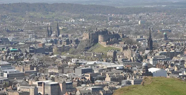 Panoramic view of Edinburgh Castle and the city from Calton Hill.