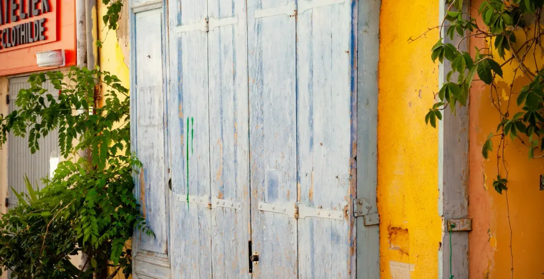 Distressed light blue wooden doors of a shop with 'Bazar du Panier' sign, flanked by yellow walls and green vines.
