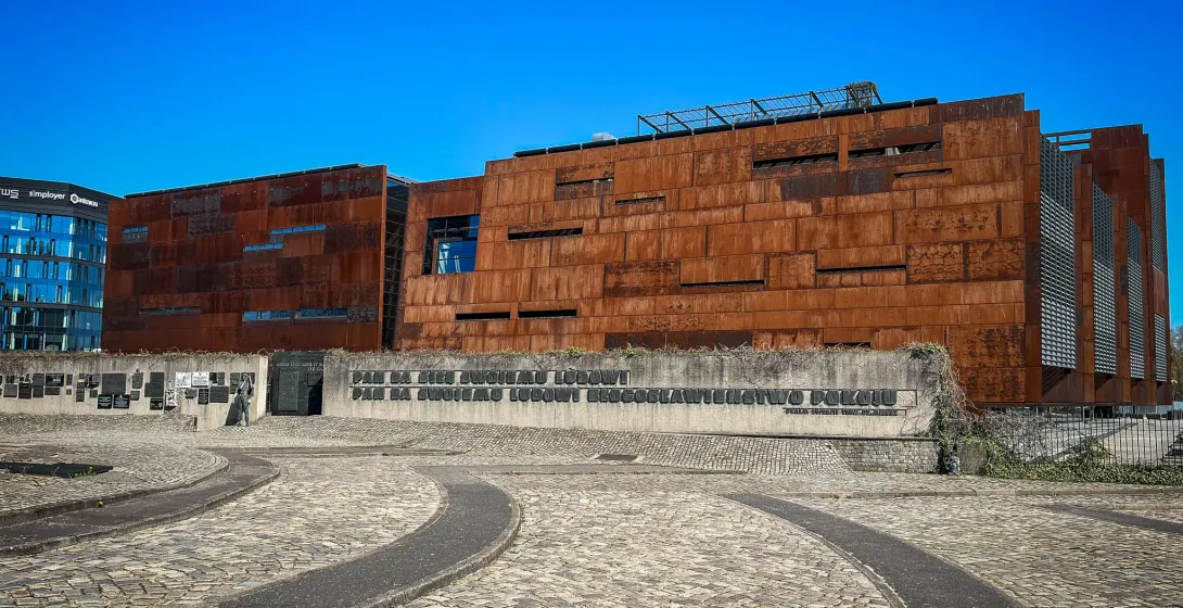 The European Solidarity Centre in Gdansk, Poland, a modern museum with a rust-colored facade.