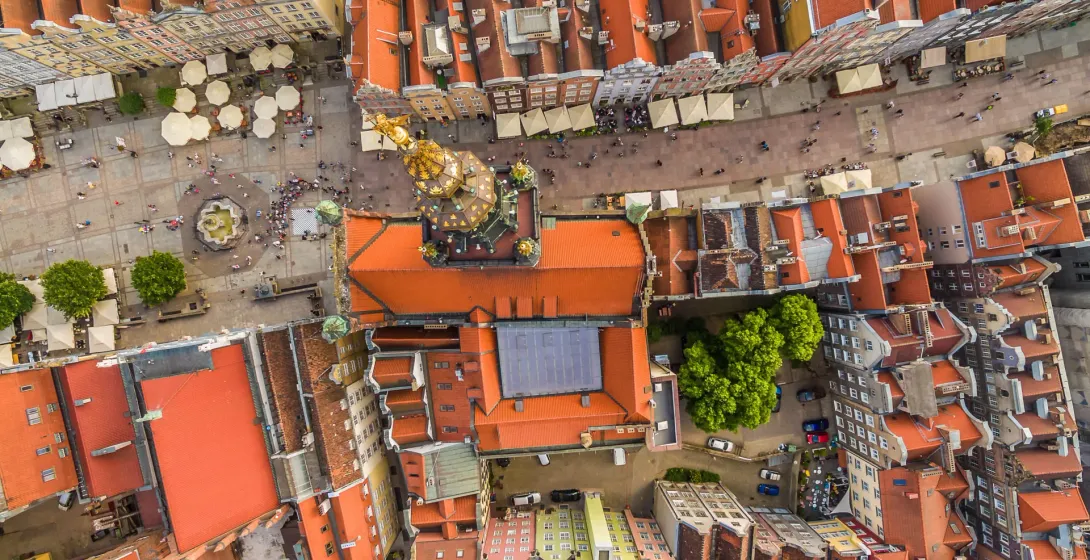 Aerial view of Gdansk's Old Town, showcasing its charming architecture and bustling marketplace.