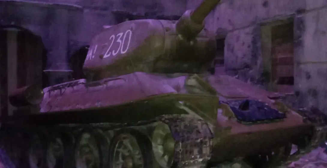A T-34 tank displayed in a recreated war-torn setting in Gdansk.
