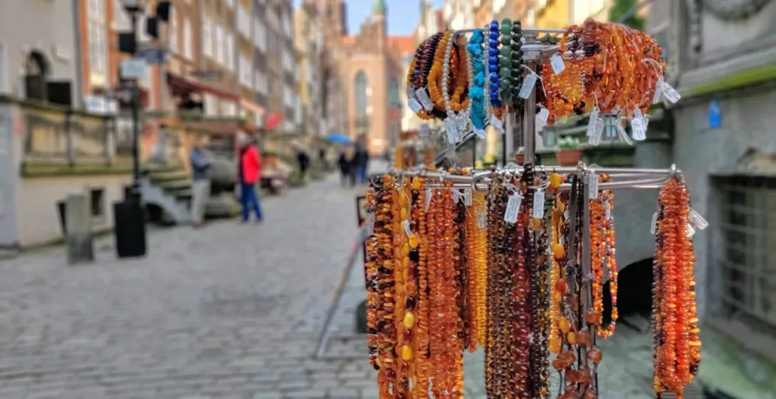 Amber jewelry displayed in Gdansk's Old Town.