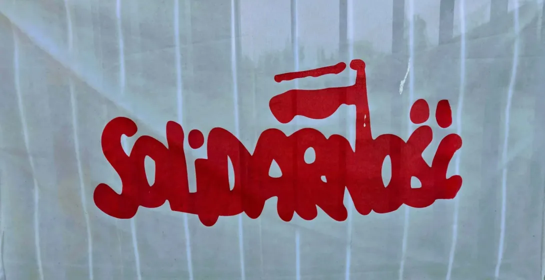 A close-up of a banner displaying the word 'Solidarność' in Gdansk.