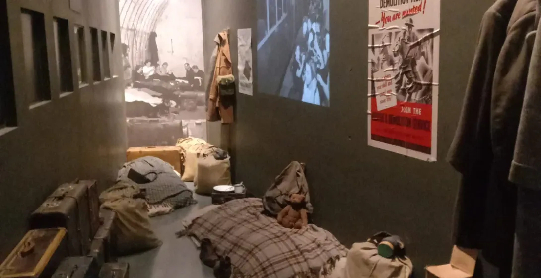 Immersive museum exhibit in Gdansk recreating a wartime shelter.