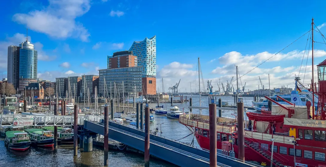 Hamburg's HafenCity harbor with the Elbphilharmonie in the background.
