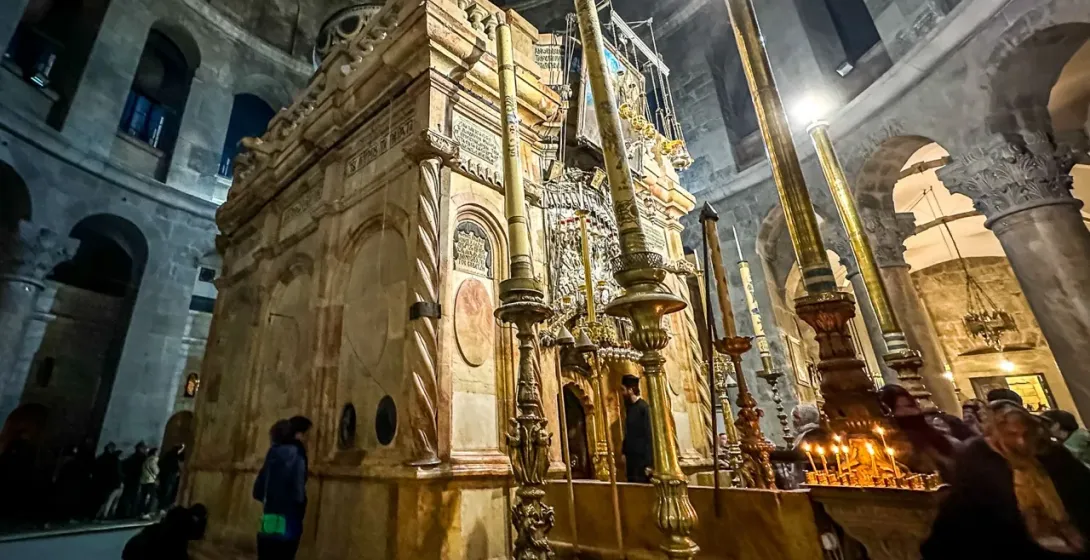 Pilgrims visiting the Edicule, the shrine enclosing Jesus' tomb, in Jerusalem's Church of the Holy Sepulchre.