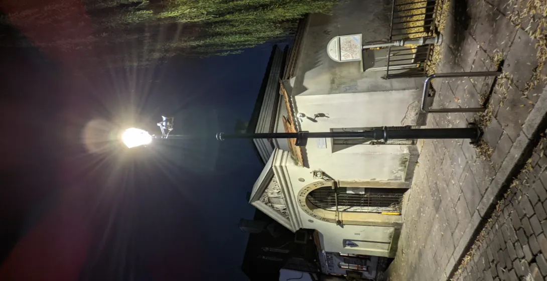 Historic building in Krakow at night.