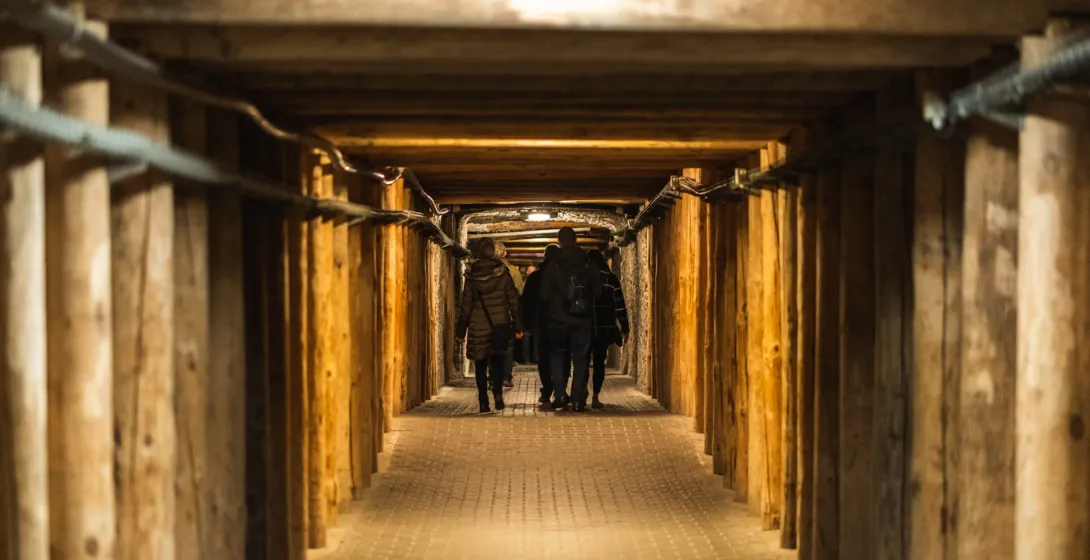 Tourists exploring the Wieliczka Salt Mine in Krakow, Poland.