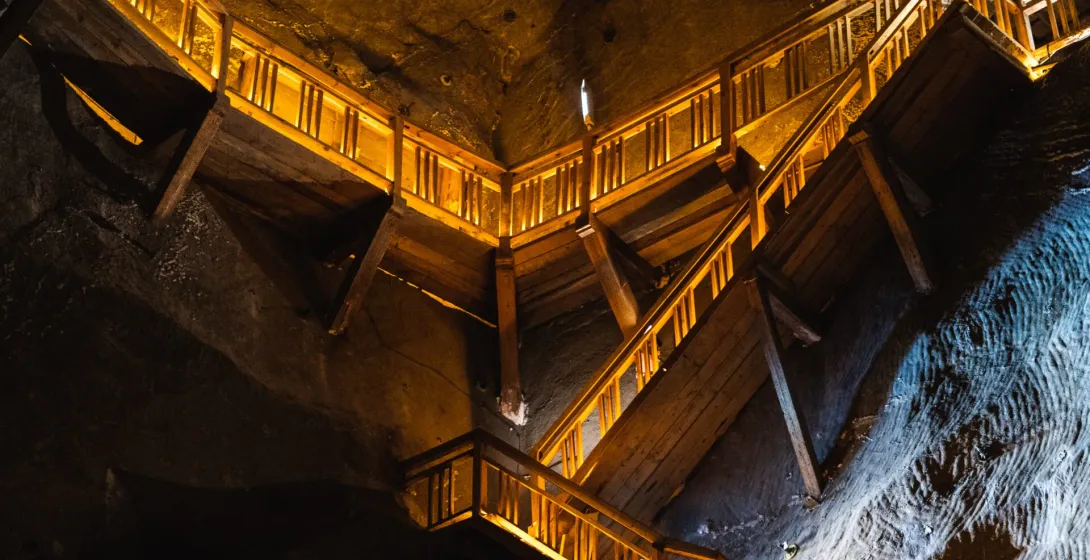 Wooden staircases inside the Wieliczka Salt Mine in Krakow, Poland.