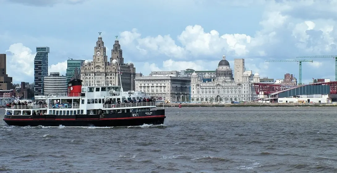 Ferry tour on the Mersey River in Liverpool, UK.