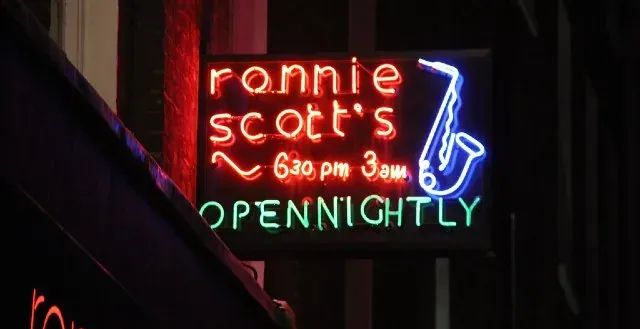 Neon sign for Ronnie Scott's Jazz Club in London.