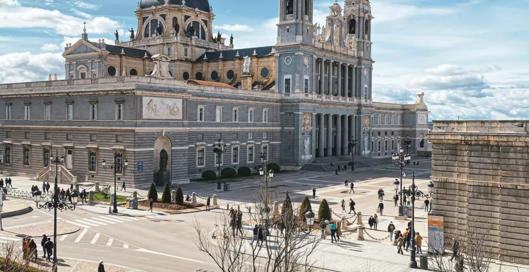 Stunning view of the Almudena Cathedral in Madrid, Spain.