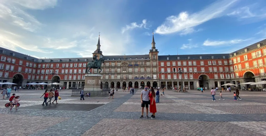 Plaza Mayor in Madrid with tourists.