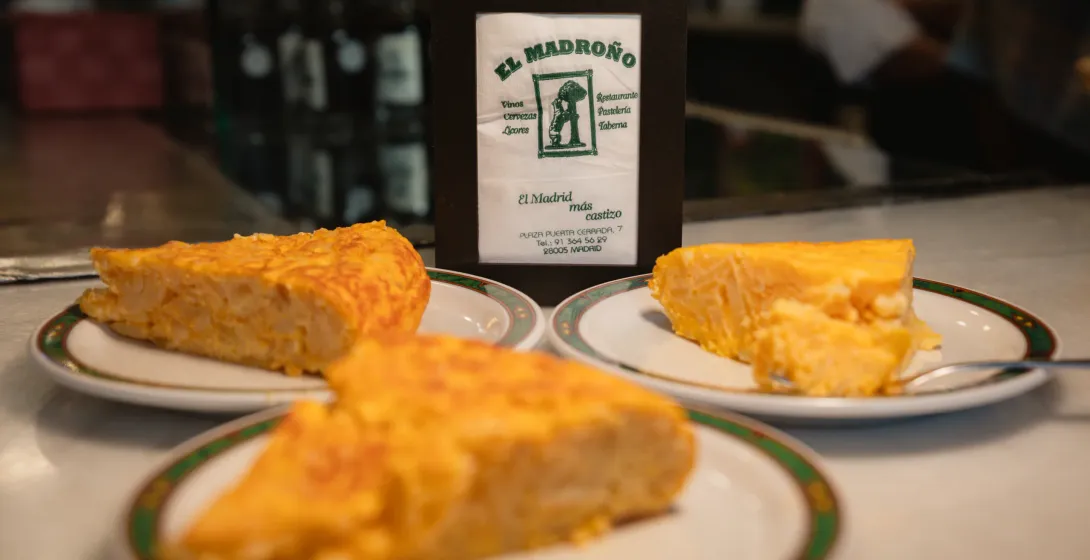 Slices of delicious Spanish tortilla at El Madroño restaurant in Madrid.