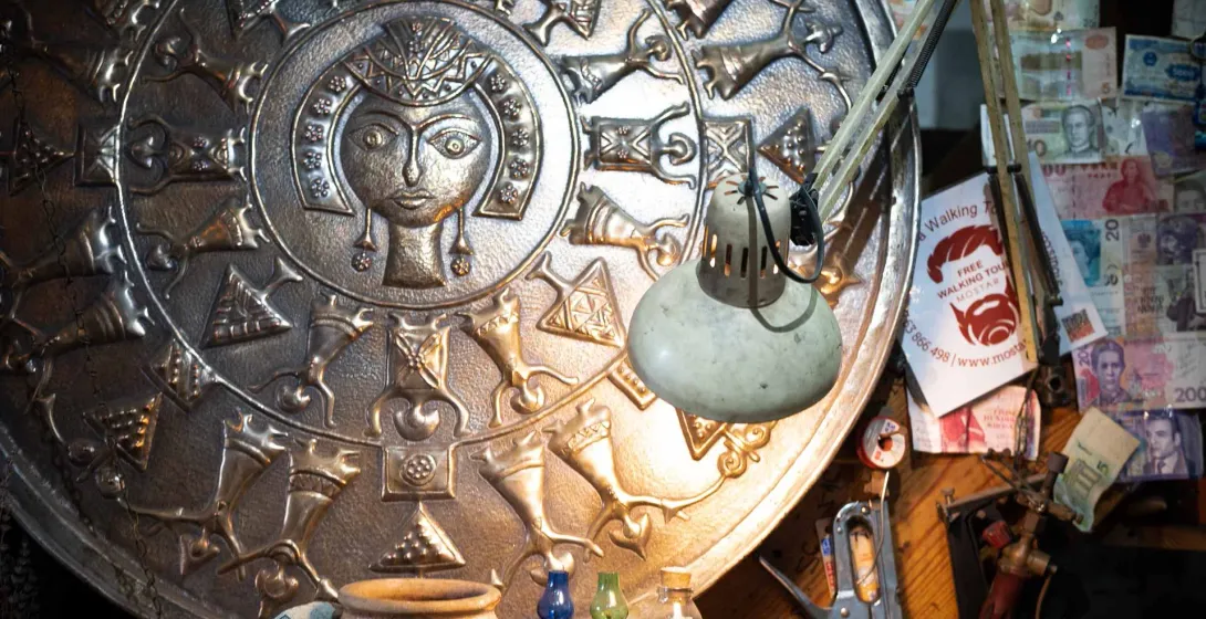 Intricate metal plate and artifacts in Mostar, Bosnia and Herzegovina.