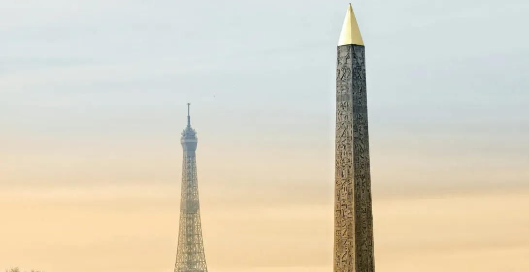 The Eiffel Tower and Luxor Obelisk in Paris, France.