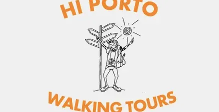 Logo for Hi Porto Walking Tours: A tourist stands joyfully by a signpost in Porto.