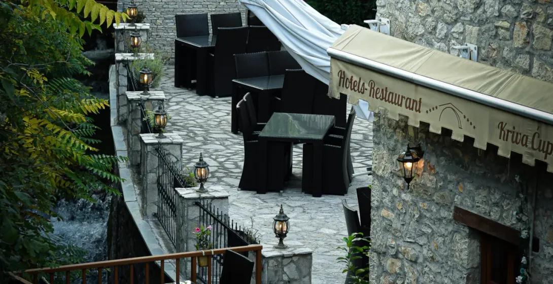 Serene patio at Kriva Cup Hotel & Restaurant in Prizren, Kosovo.