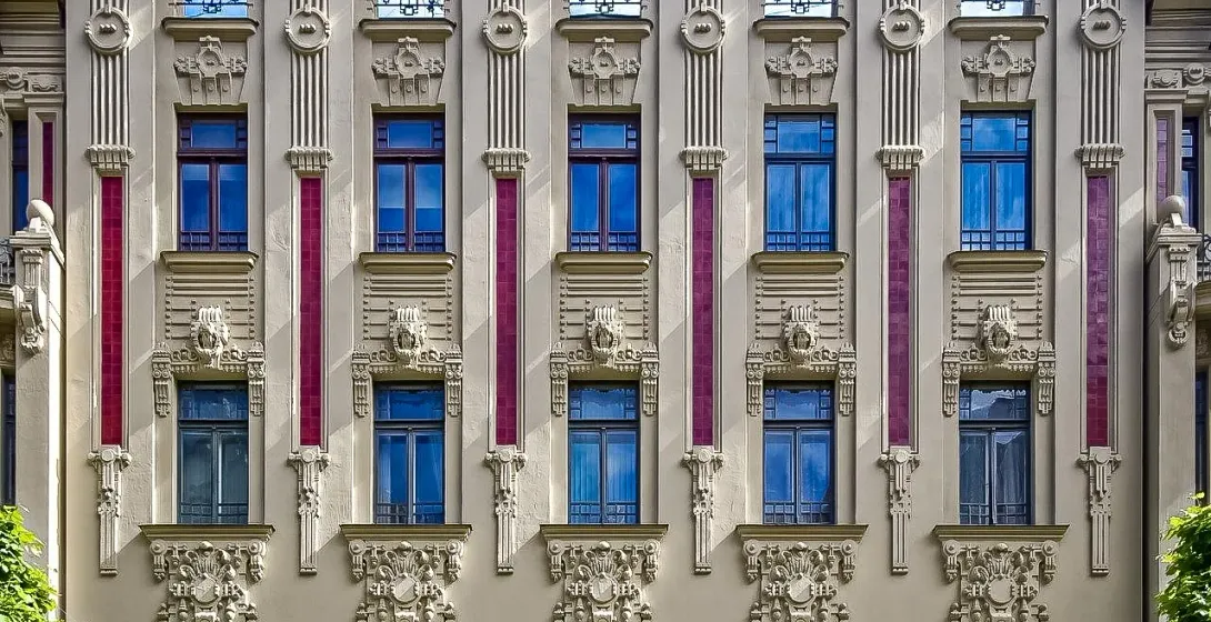 Intricate facade of a Riga Art Nouveau building.