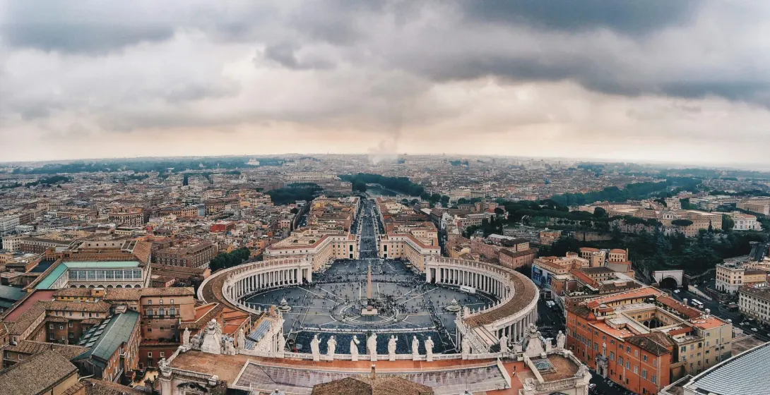 Aerial view of St. Peter's Square and Basilica in Vatican City, Rome.