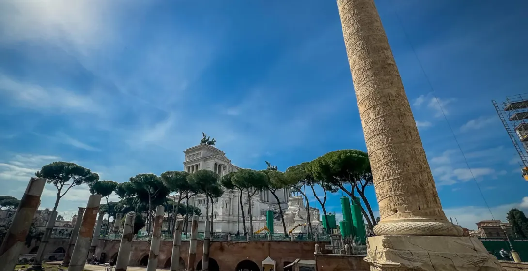 Trajan's Column and the Altare della Patria in Rome, Italy.