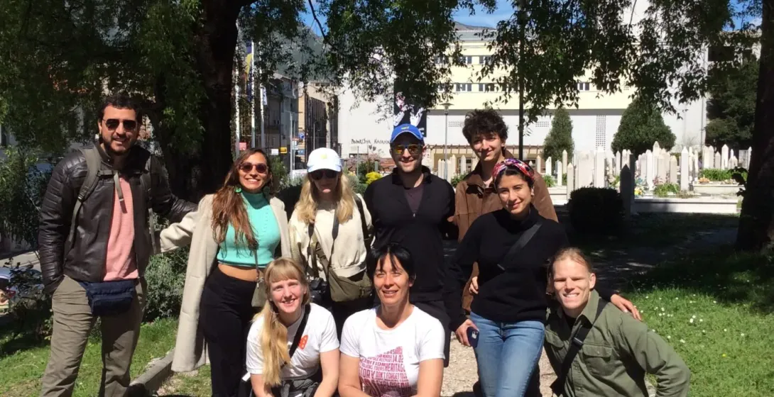 A group of tourists on a city tour in Sarajevo, Bosnia and Herzegovina.