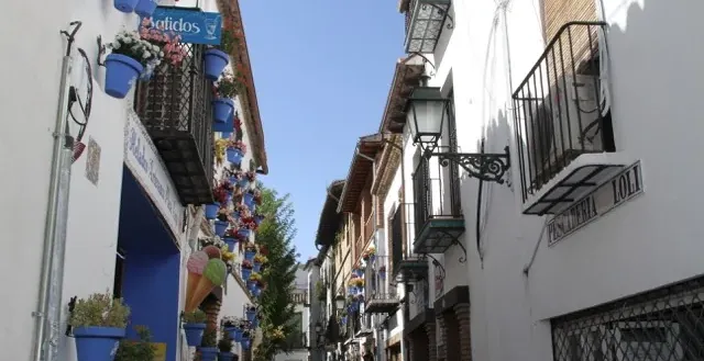 Charming Spanish street with flower-filled pots and traditional architecture.