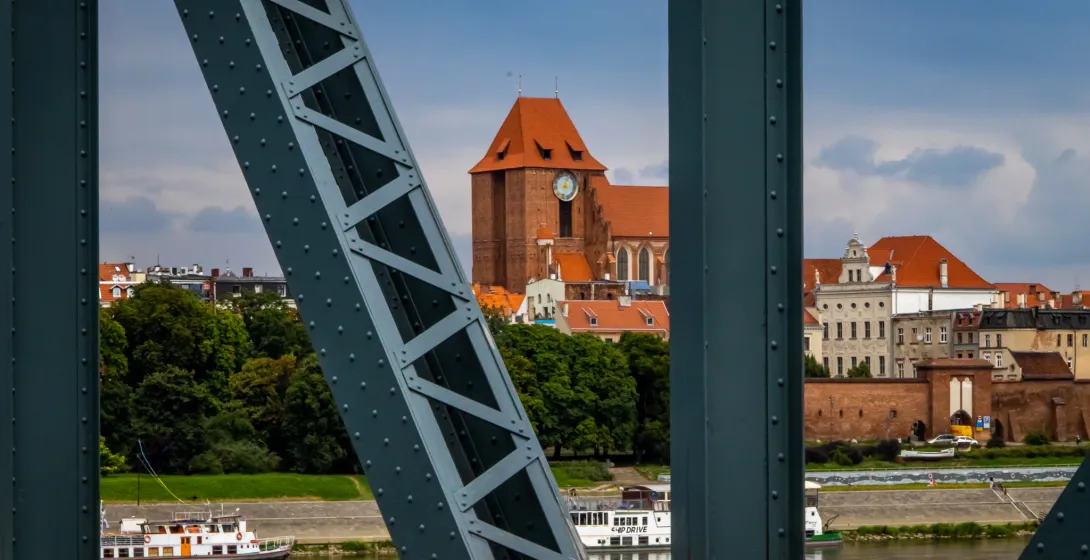View of Toruń's Old Town and Cathedral from a bridge.