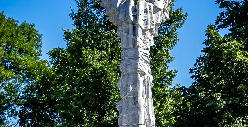 The Monte Cassino monument in Warsaw, Poland, a striking sculpture commemorating the Battle of Monte Cassino.