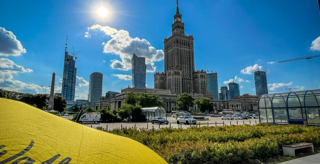 Sunny view of Warsaw's Palace of Culture and Science.